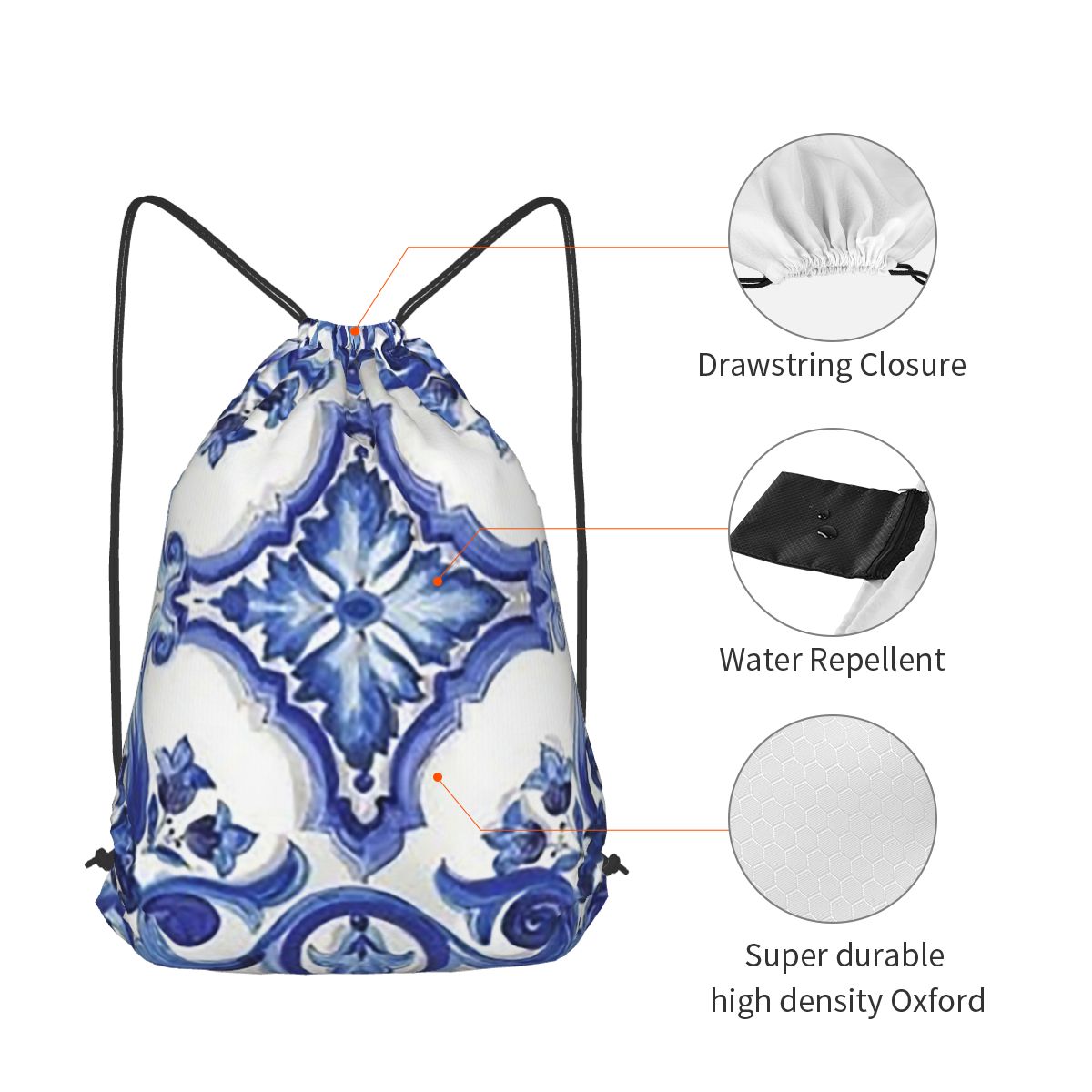 Blue Ornate Floral Mediterrane - огляд і ціна Tile Bag Drawstring