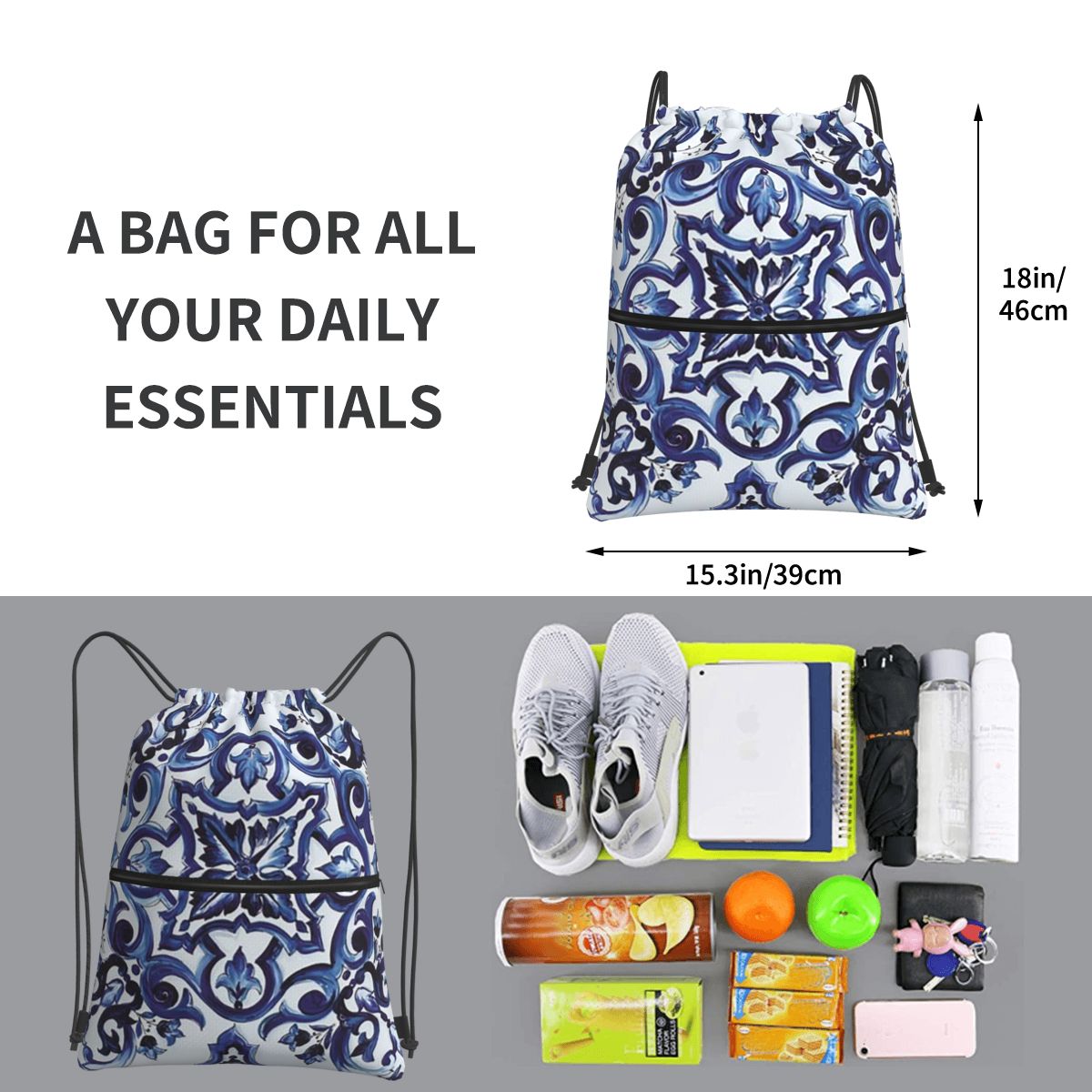 Blue Ornate Floral Mediterrane - огляд і ціна Tile Bag Drawstring