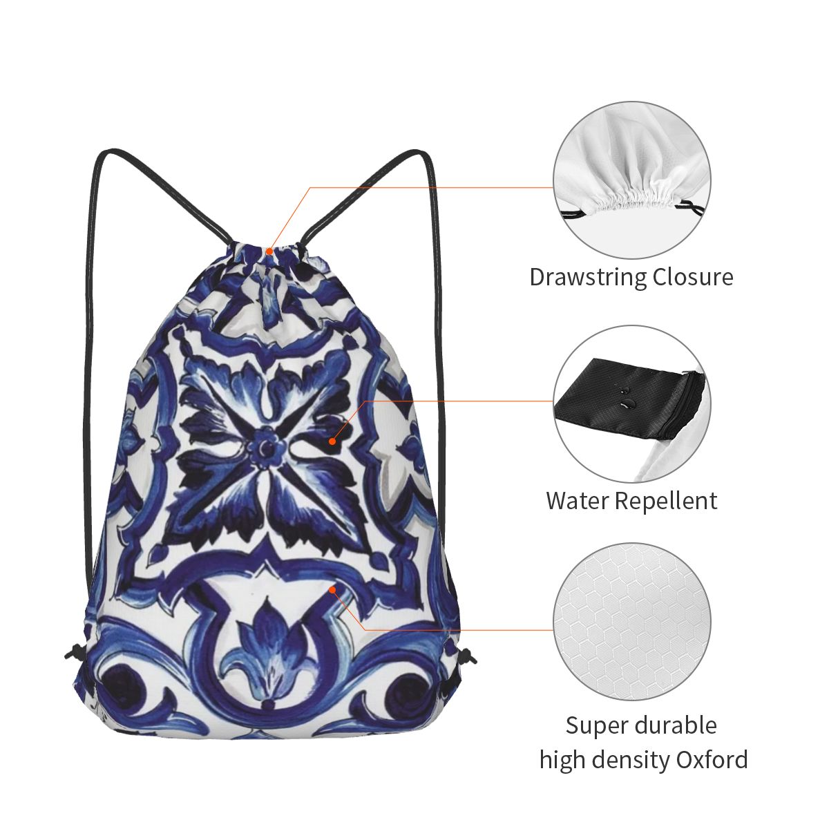 Blue Ornate Floral Mediterrane - огляд і ціна Tile Bag Drawstring