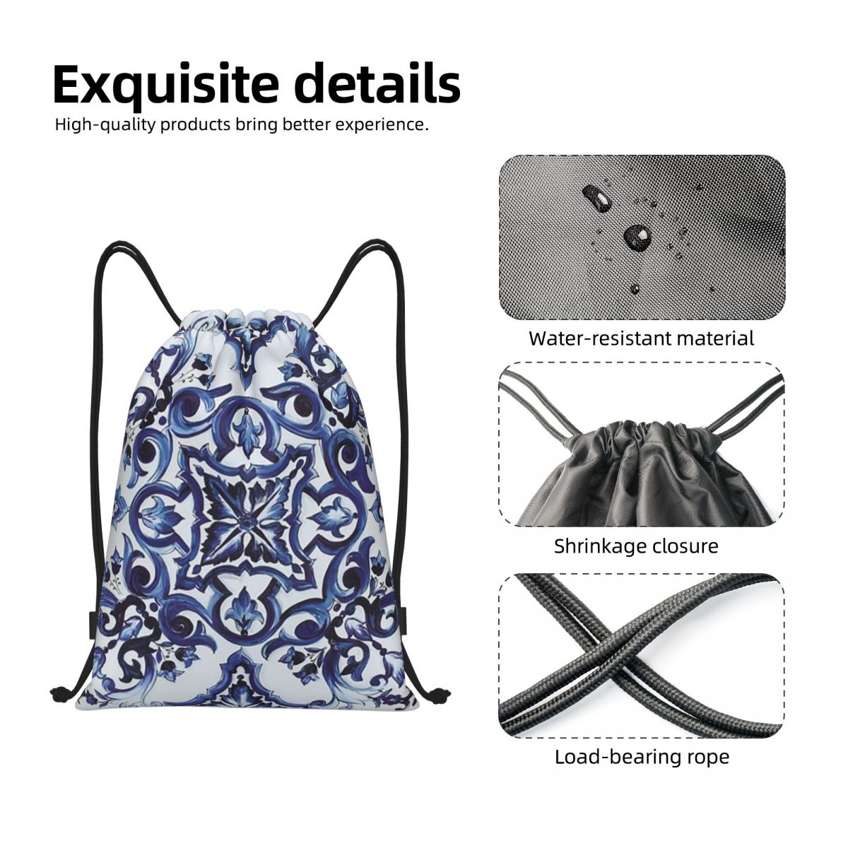 Blue Ornate Floral Mediterrane - огляд і ціна Tile Bag Drawstring