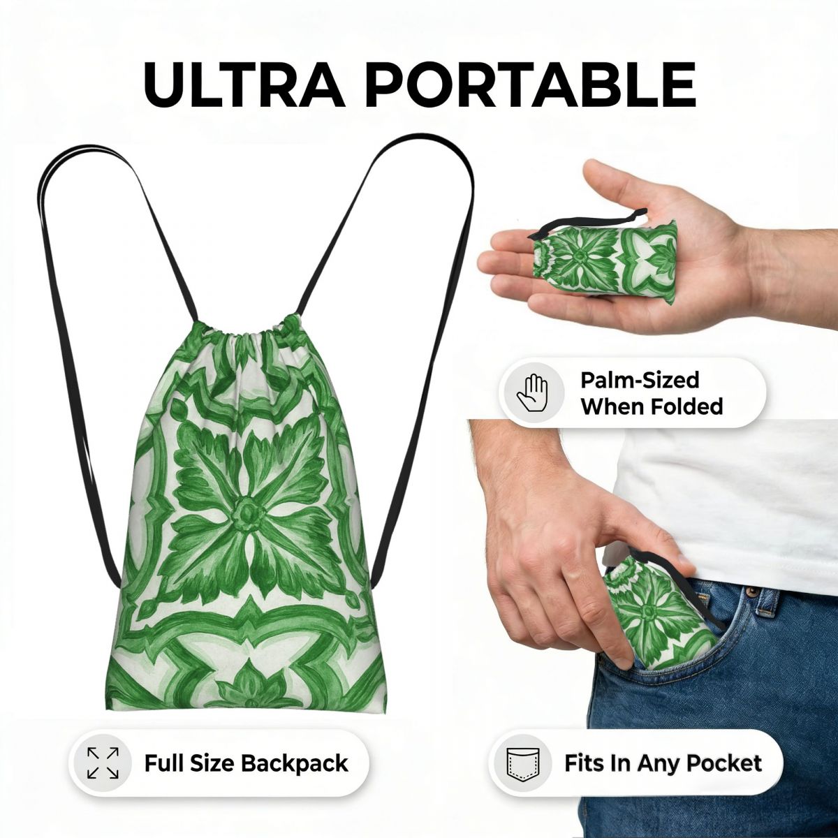 Green Ornate Floral Mediterran - огляд і ціна Tile Bag Drawstring